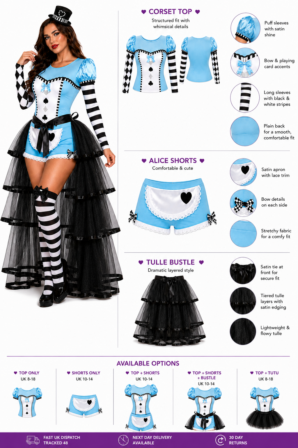 alice in wonderland fancy dress ladies Costume Women Top Shorts Tutu Mad Hatter Size 8-18 brass